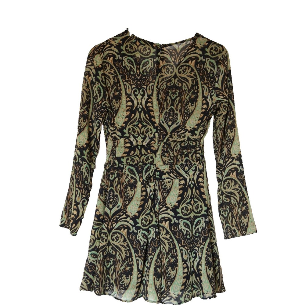Zara Boho Paisley Long Sleeve Print Fit & Flare Mini Dress V Neck Size M NWT - Picture 2 of 11